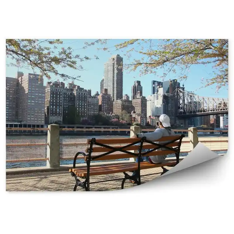 Fototapet pentru perete Podul Brooklyn Zgârie-Nori Râu Pod Bancă Om Copaci New York Ultima șansă