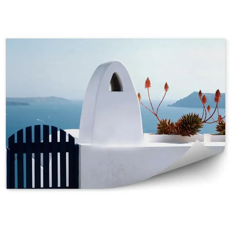 Doar azi Fototapet vintage Flori Ocean Munti Zid Poarta Santorini Grecia