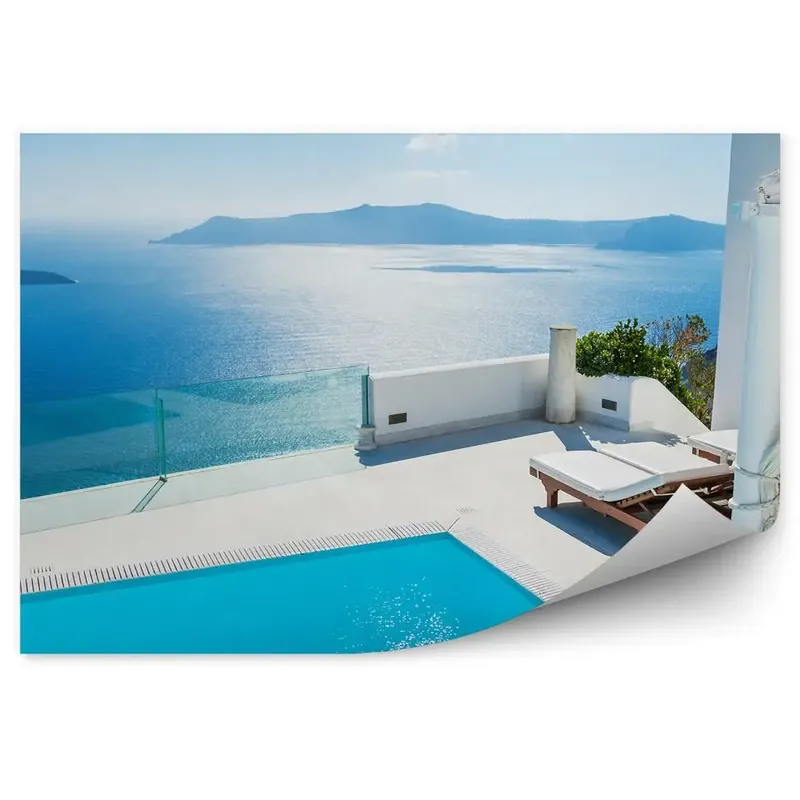 Expediere rapidă Fototapet pentru perete Arhitectură Albă Mare Piscină Terasă Nori Santorini Grecia