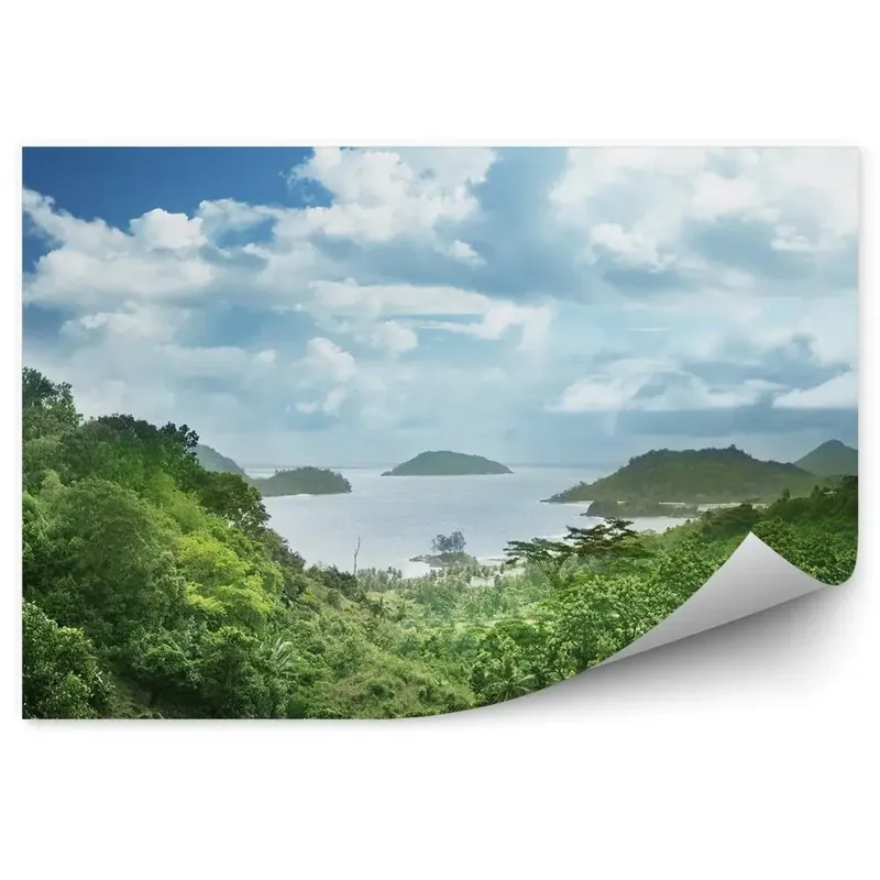 Fototapet vintage Junglă Ocean Stânci Cer Nori Seychelles Ofertă limitată