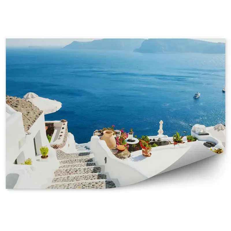 Lichidare de stoc Decor fototapet Alb Arhitectura Scari Insula Iahturi Flori Santorini Grecia