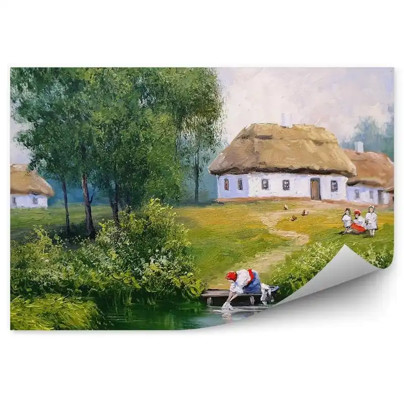 Decor fototapet Cabana, Oameni, Rau, Pod, Copaci, Iarba, Imagine Livrare rapidă