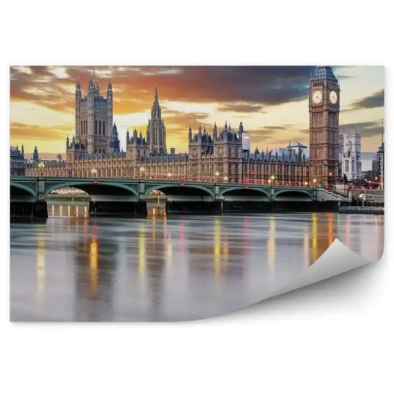 Fototapet vintage Palatul Westminster Podul Big Ben Cerul Tamisa Înnoră Londra Promoție