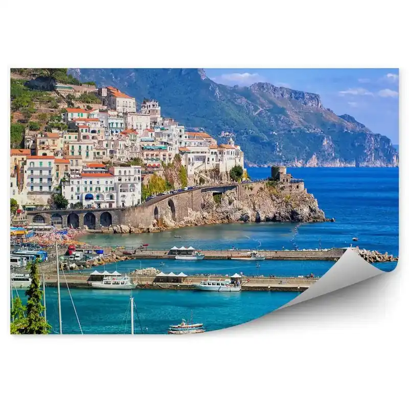 Bestseller Fototapet perete Coasta Amalfi Cladiri Mare Munti Nori Copaci Iahturi Napoli