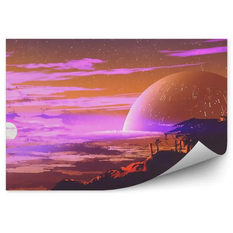 Doar azi Fototapet vintage Veche Casă Planetă Lună Stele Spațiu Cosmic Imagine