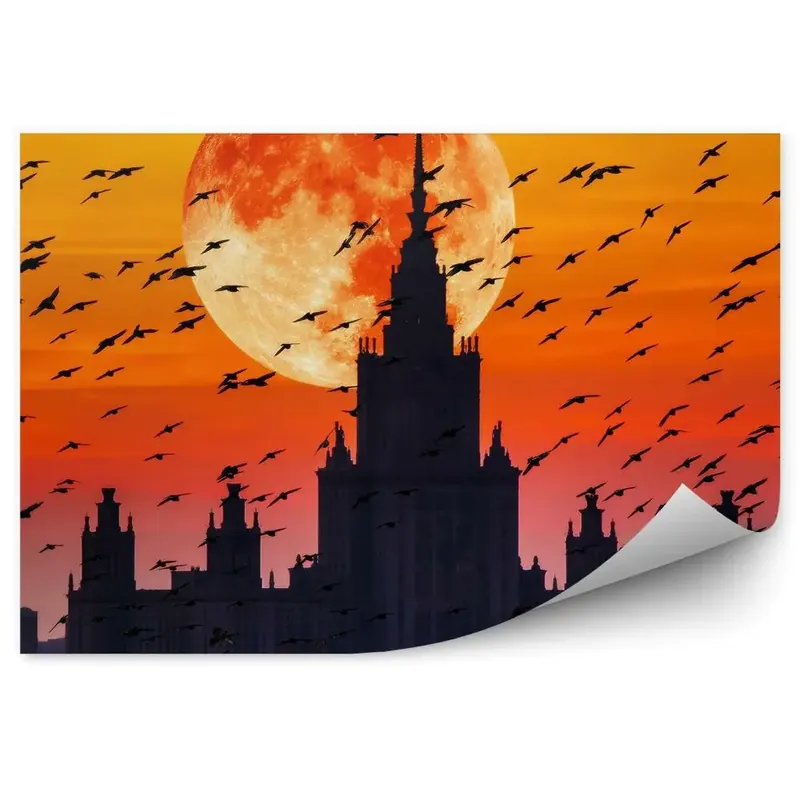 Livrare expres Fototapet pentru perete Clădire Păsări Portocaliu Cer Vedere Luna