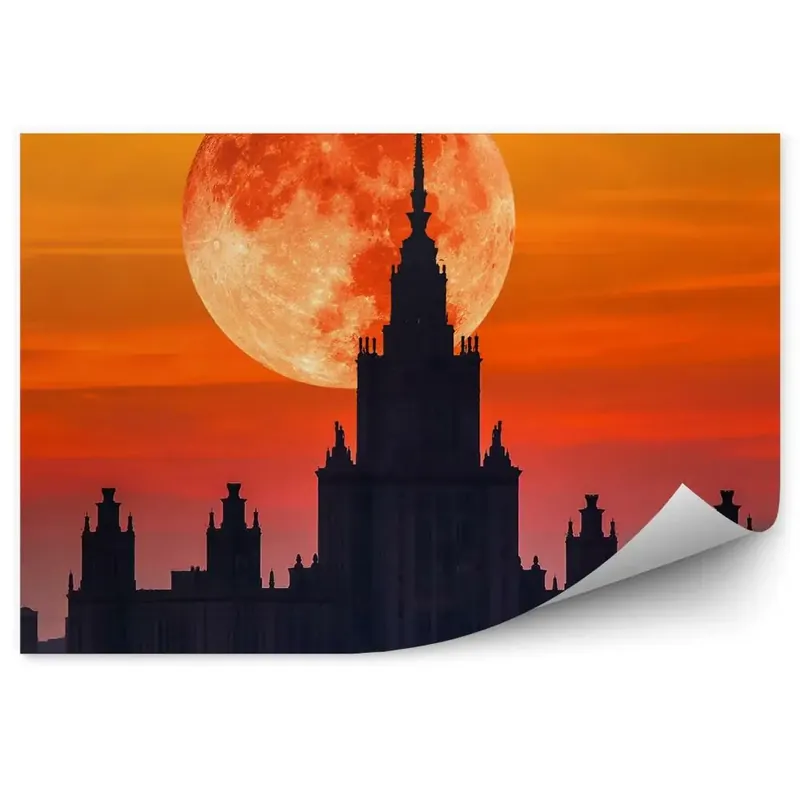 Disponibil imediat Fototapet perete Clădiri Biserica Pod Râu Lună Apus De Soare Cer