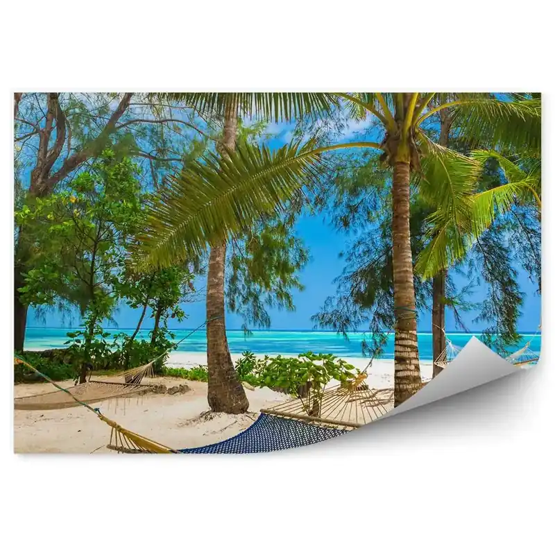 Fototapet vintage Hamace Plajă Palmieri Ocean Tufe Tanzania Chilipir