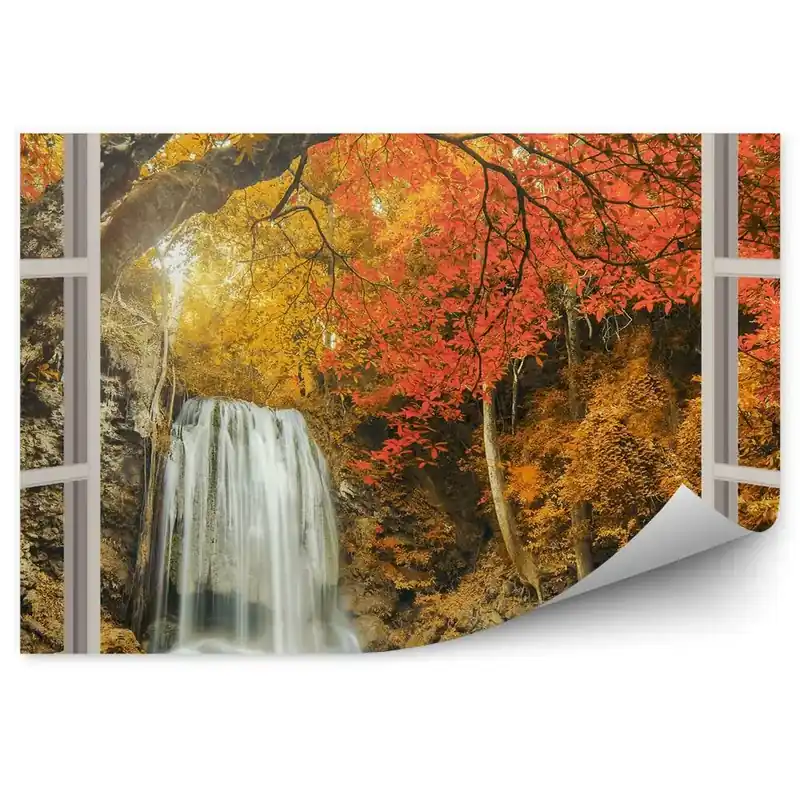 Fototapet Fereastră Cascadă Copaci Colorați Lac Plată sigură