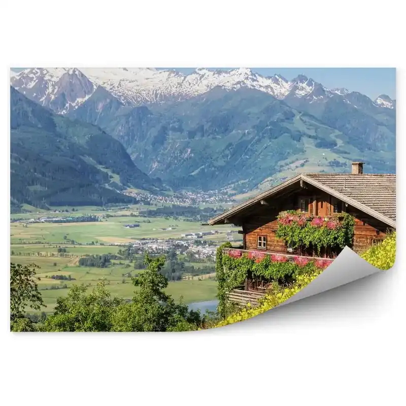Bestseller Decor fototapet Alpi Luncă Copaci Munți Case Zăpadă Cer Flori