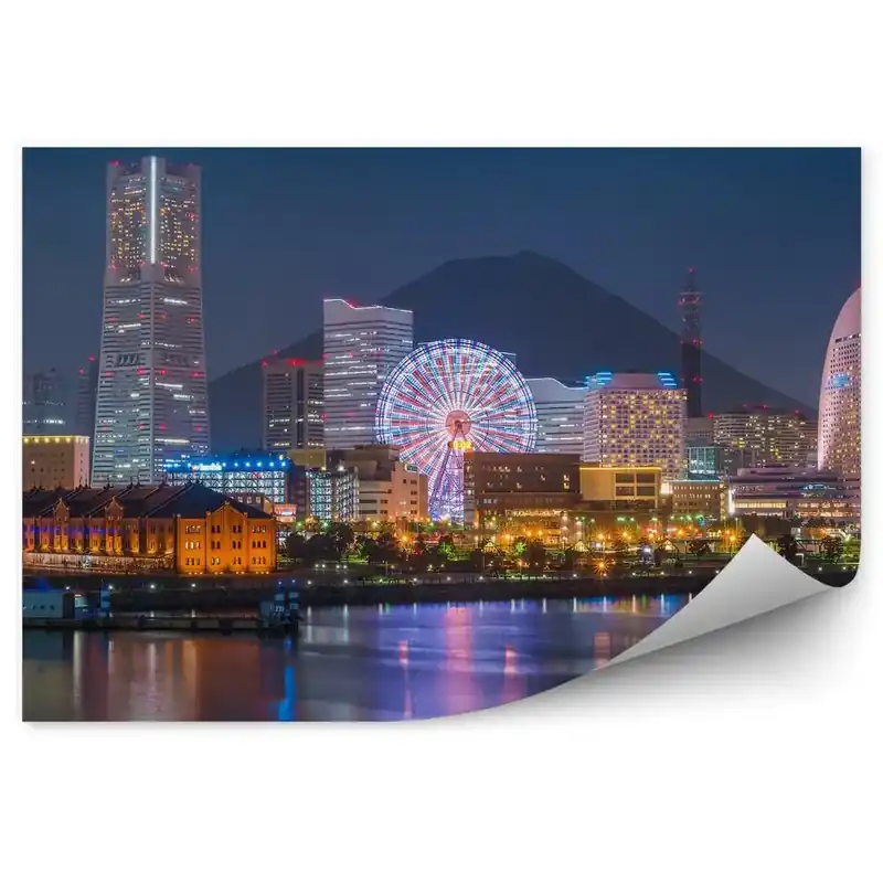 Disponibil imediat Decor fototapet Orizontul Orașului Yokohama Muntele Fuji Amurgul Luminează Noaptea