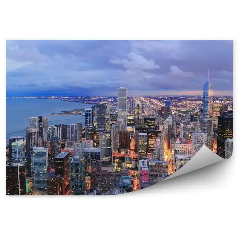Fototapet perete Chicago Noapte Panorama Zgârie-Nori Lumini Ocean Cer Nori Vezi acum