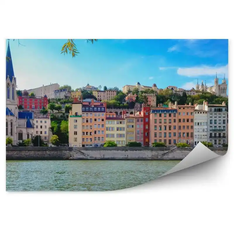 Fototapet vintage Clădiri Biserică Copac Râu Cer Nori Oraș Panorama Super ofertă