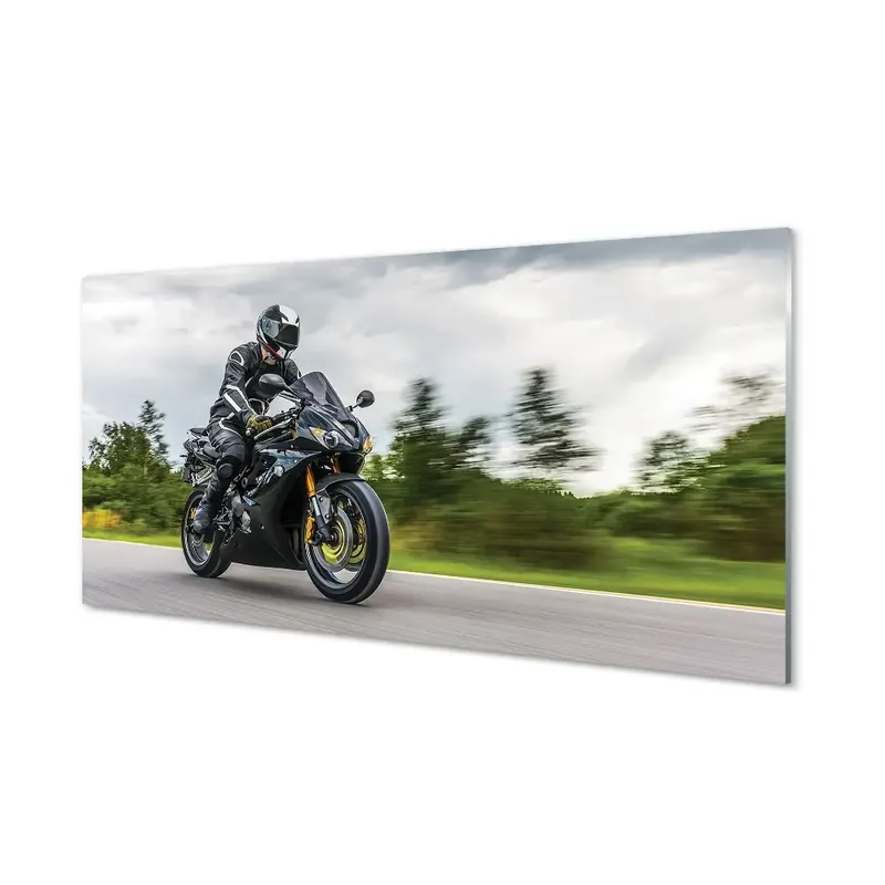 Vezi acum Tablou din sticlă Motocicletă Și Motociclist Pe Un Drum De Copac