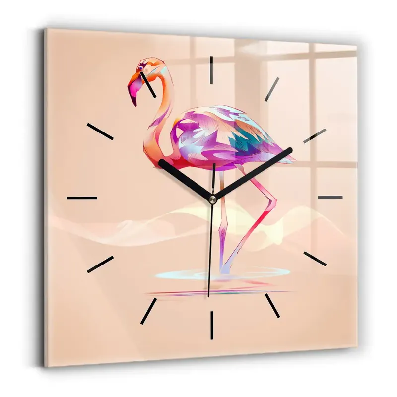Bestseller Ceas perete din sticlă pătrat Ilustrație cu flamingo