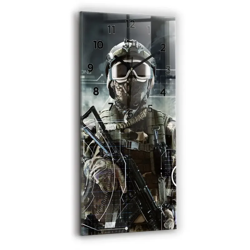Ceas perete din sticlă dreptunghiular Soldat cu o armă Ofertă de sezon