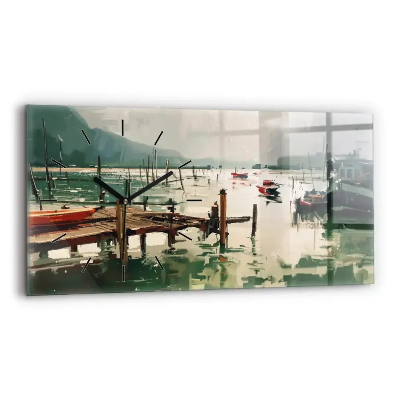 Discount Ceas orizontale de perete din sticlă Barci de pescuit in port