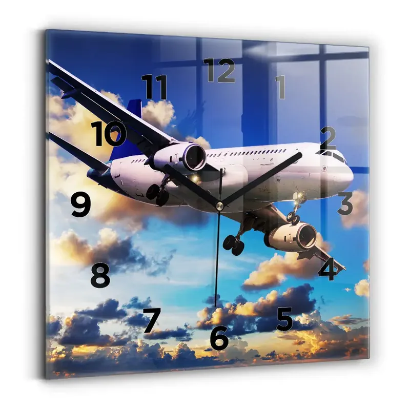 Ceas perete din sticlă pătrat Avion în nori Ofertă specială