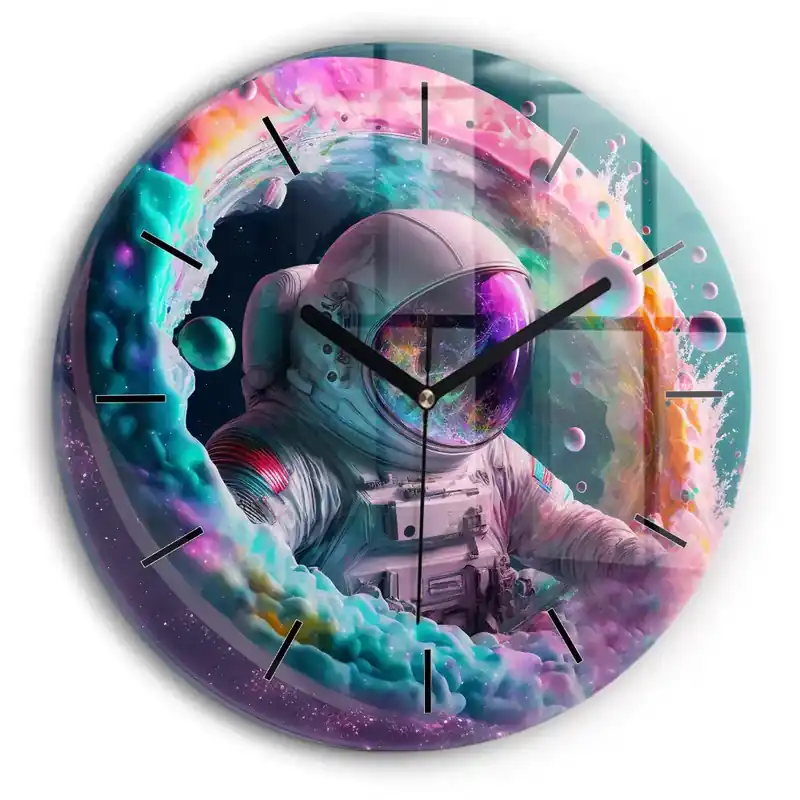 Chilipir Astronaut și nori colorați Ceas din sticlă rotund
