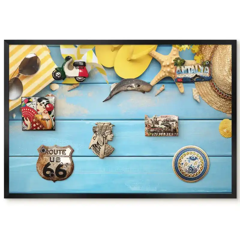 Panou magnetic înrămat cu design Scenă de vară și lemn albastru Premium