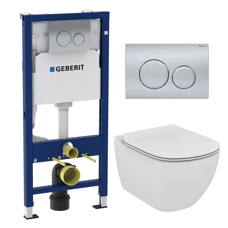 Set vas Wc Ideal Standard Tesi cu capac slim si rezervor incastrat Geberit Duofix Delta Plus cu clapeta Delta 20 crom Livrare expres