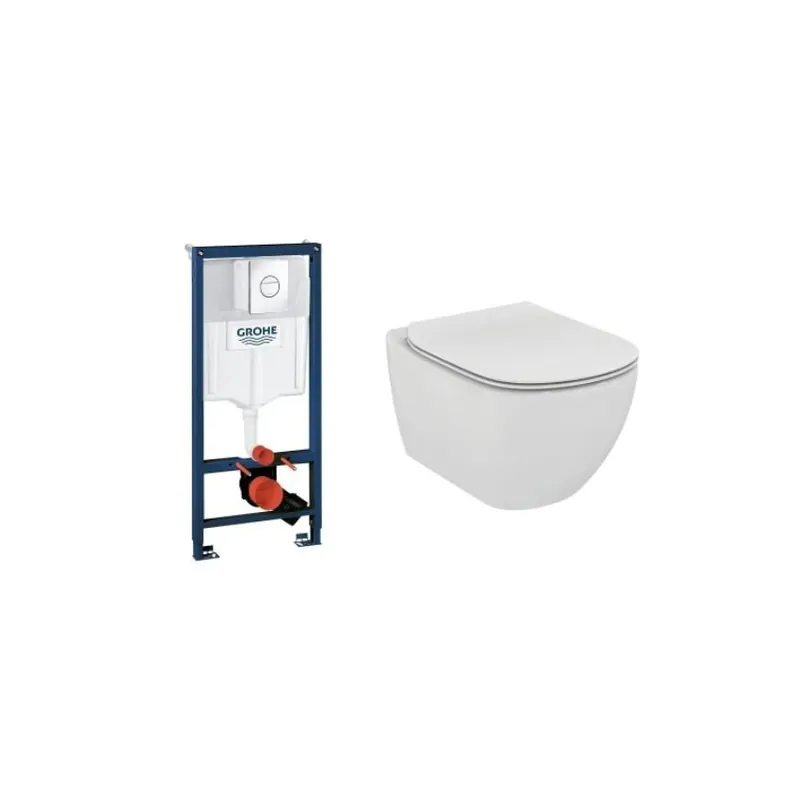 Set vas Wc Ideal Standard Tesi Aquablade suspendat cu rezervor incastrat Grohe Rapid SL si clapeta Nova Cosmo crom Disponibil imediat