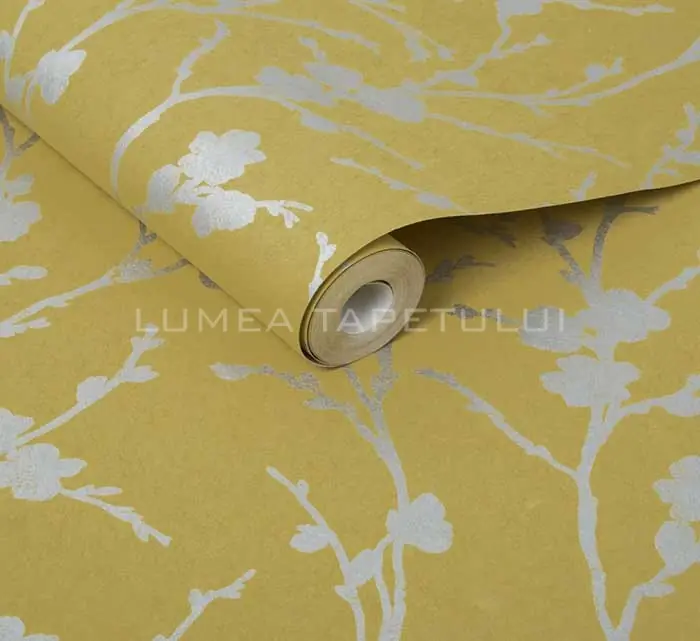 Tapet living model cu frunze culoare galben – argintiu Reclaim 103521 Cel mai bun preț