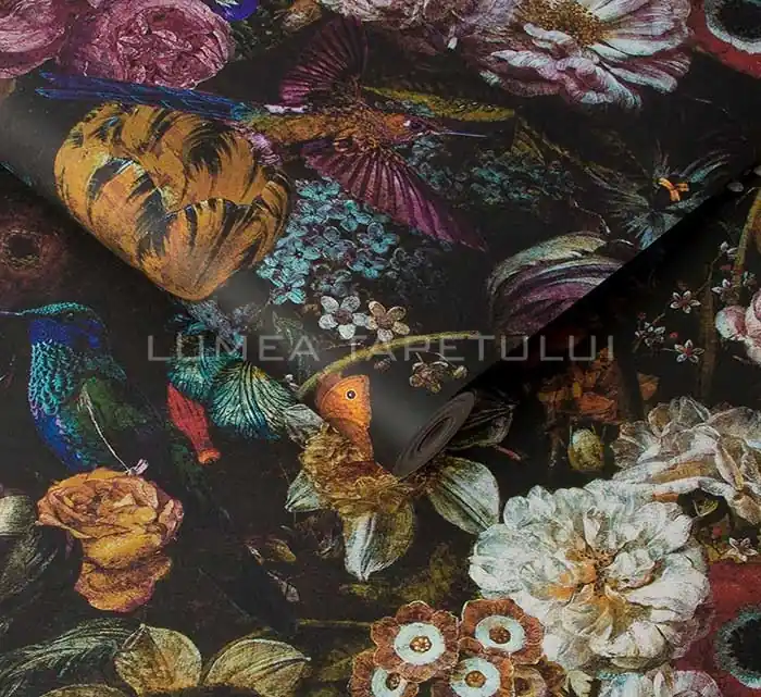 Tapet living modern cu pasarea colibri si flori pe fond negru Reverie 106443 Cel mai vândut